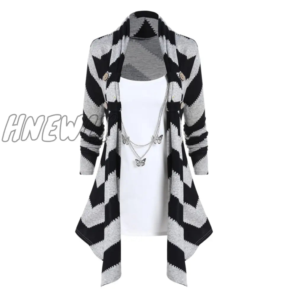 Hnewly Women Chevron Graphic Faux Twinset Knit Pullovers Mock Button Colorblock Long Sleeve