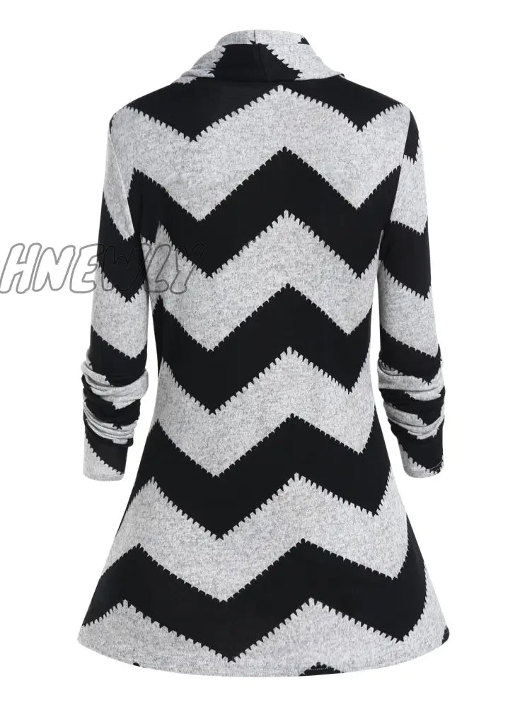 Hnewly Women Chevron Graphic Faux Twinset Knit Pullovers Mock Button Colorblock Long Sleeve