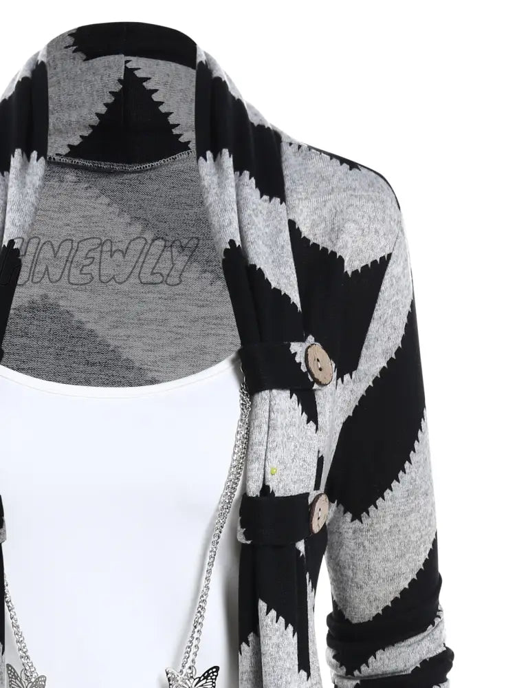 Hnewly Women Chevron Graphic Faux Twinset Knit Pullovers Mock Button Colorblock Long Sleeve