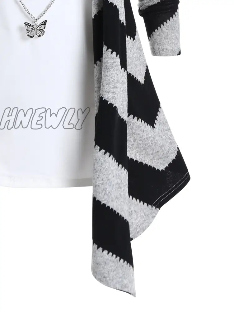 Hnewly Women Chevron Graphic Faux Twinset Knit Pullovers Mock Button Colorblock Long Sleeve