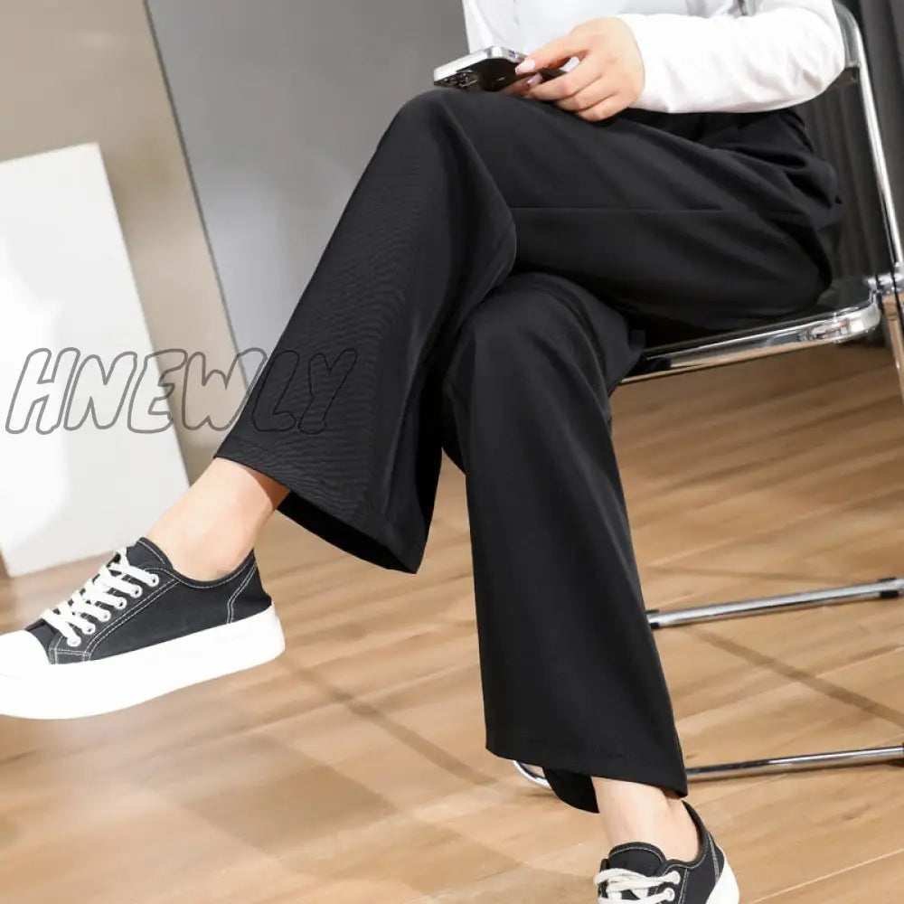 Hnewly Women Chic Office Wear Straight Pants Vintage High Ladies Trousers Baggy Korean