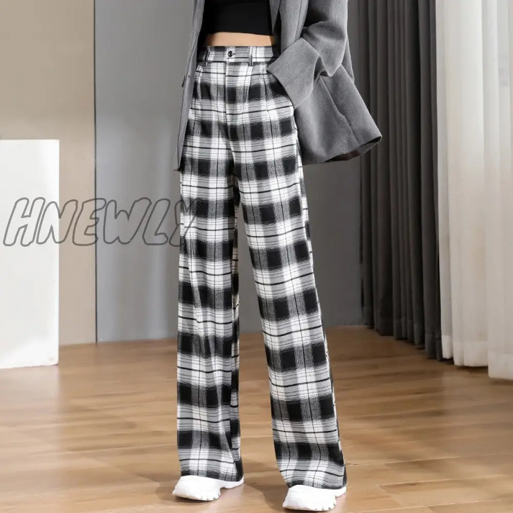 Hnewly Women Chic Office Wear Straight Pants Vintage High Ladies Trousers Baggy Korean