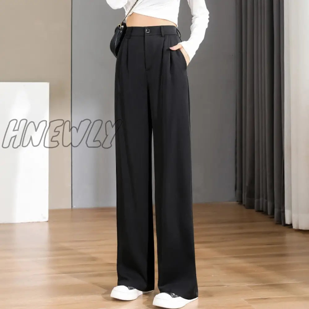 Hnewly Women Chic Office Wear Straight Pants Vintage High Ladies Trousers Baggy Korean