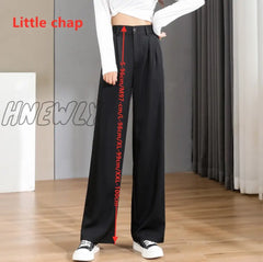 Hnewly Women Chic Office Wear Straight Pants Vintage High Ladies Trousers Baggy Korean