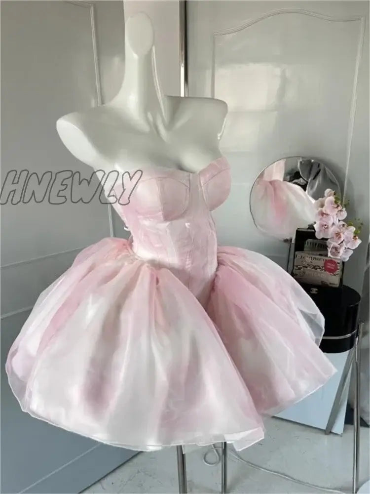 Hnewly Women Chic Pink Asymmetrical Dress Vintage Summer Mini Birthday Female Ruffles Partylady