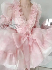 Hnewly Women Chic Pink Asymmetrical Dress Vintage Summer Mini Birthday Female Ruffles Partylady