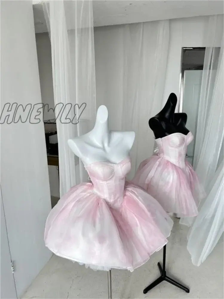 Hnewly Women Chic Pink Asymmetrical Dress Vintage Summer Mini Birthday Female Ruffles Partylady