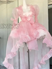 Hnewly Women Chic Pink Asymmetrical Dress Vintage Summer Mini Birthday Female Ruffles Partylady