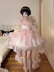 Hnewly Women Chic Pink Asymmetrical Dress Vintage Summer Mini Birthday Female Ruffles Partylady