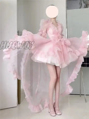 Hnewly Women Chic Pink Asymmetrical Dress Vintage Summer Mini Birthday Female Ruffles Partylady