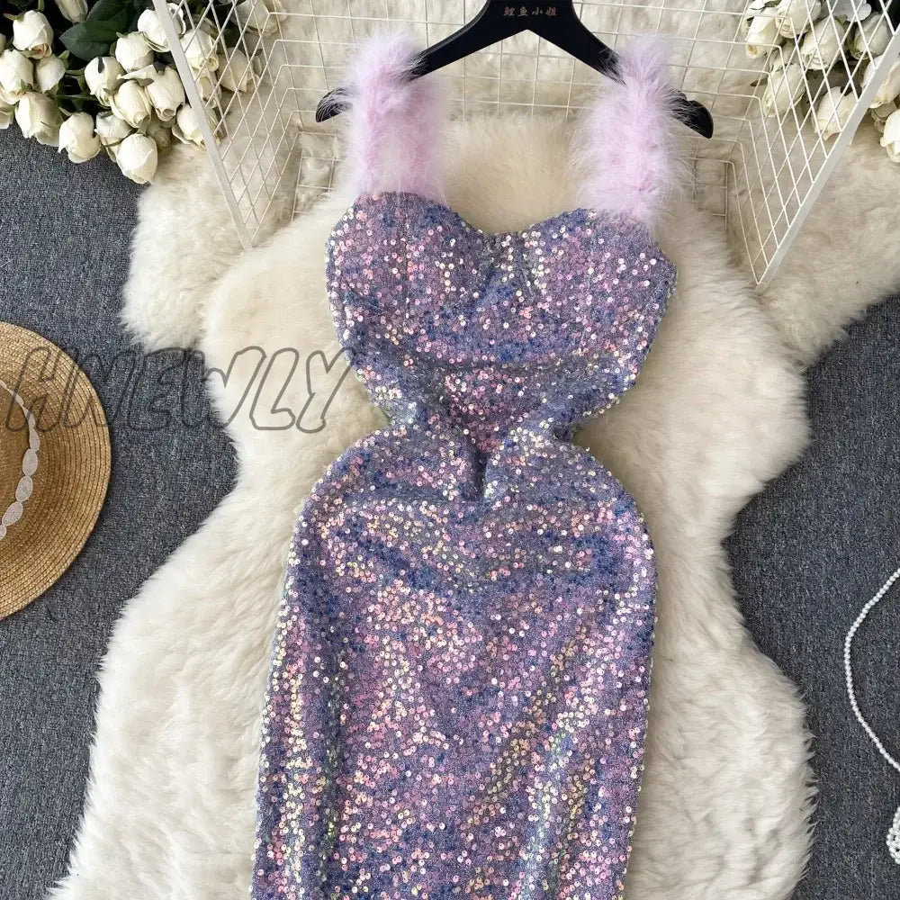 Hnewly Women Chic Sleeveless Sequin Sexy Slim Bodycon Slip Dress Vintage Fashion Vestido Elegant