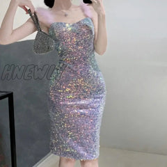 Hnewly Women Chic Sleeveless Sequin Sexy Slim Bodycon Slip Dress Vintage Fashion Vestido Elegant