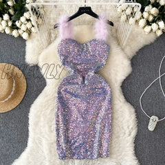 Hnewly Women Chic Sleeveless Sequin Sexy Slim Bodycon Slip Dress Vintage Fashion Vestido Elegant