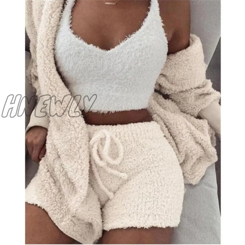 Hnewly Women Coral Velvet Pajamas Set Spring Autumn Winter 3 Three Piece Sleepwear Tops Shorts Coat