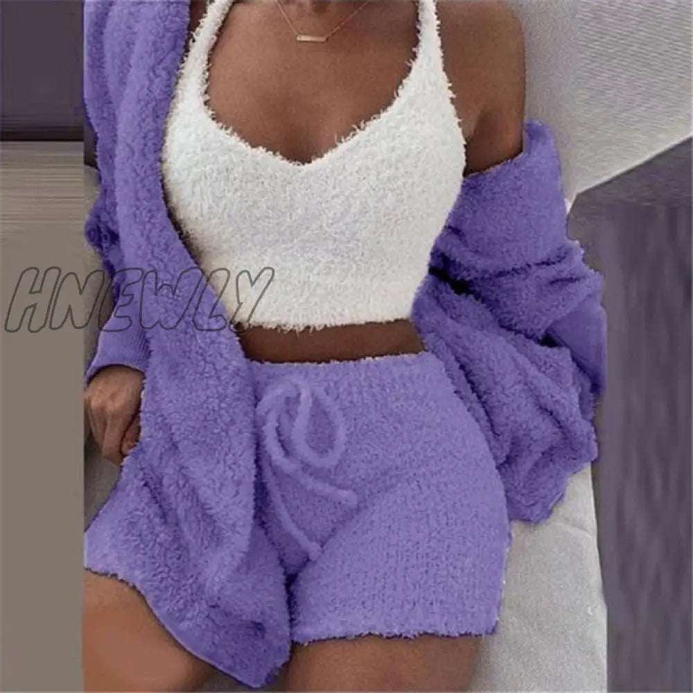 Hnewly Women Coral Velvet Pajamas Set Spring Autumn Winter 3 Three Piece Sleepwear Tops Shorts Coat