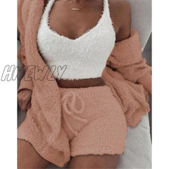 Hnewly Women Coral Velvet Pajamas Set Spring Autumn Winter 3 Three Piece Sleepwear Tops Shorts Coat