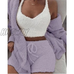 Hnewly Women Coral Velvet Pajamas Set Spring Autumn Winter 3 Three Piece Sleepwear Tops Shorts Coat