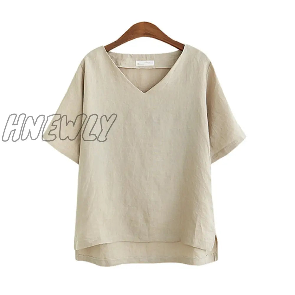 Hnewly Women Cotton Vintage Loose Thin T Shirts Xxxl V-Neck Flax Breathable T-Shirt Summer Sexy