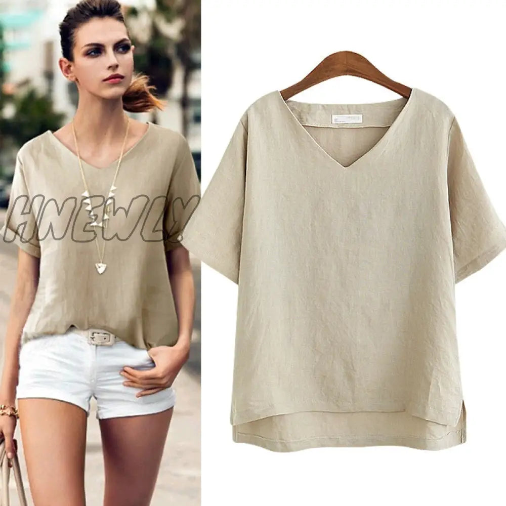 Hnewly Women Cotton Vintage Loose Thin T Shirts Xxxl V-Neck Flax Breathable T-Shirt Summer Sexy