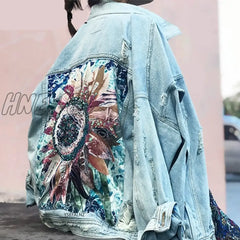 Hnewly Women Denim Jacket Feminine Spring Autumn Boho Sequin Floral Appliques Embroidery Coat Long