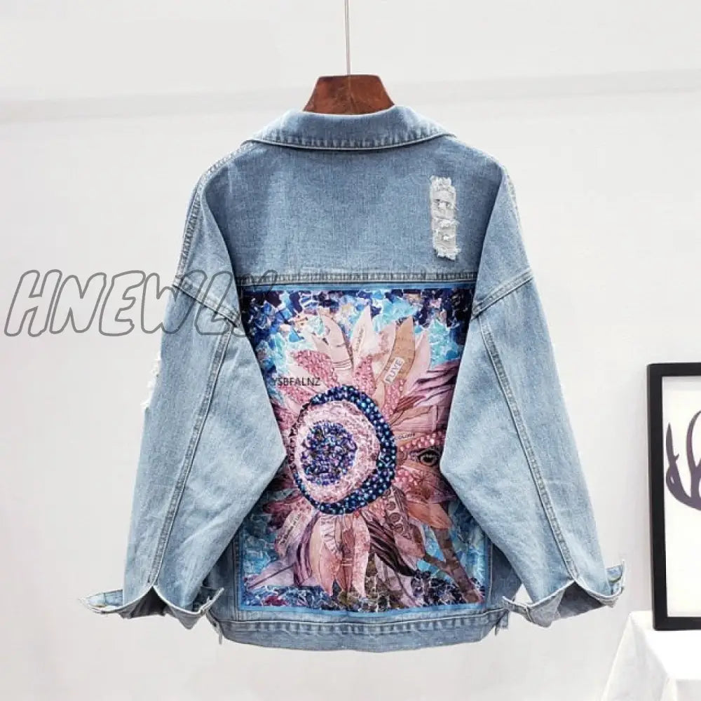 Hnewly Women Denim Jacket Feminine Spring Autumn Boho Sequin Floral Appliques Embroidery Coat Long