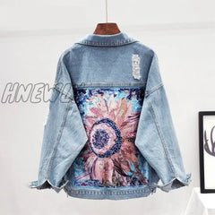 Hnewly Women Denim Jacket Feminine Spring Autumn Boho Sequin Floral Appliques Embroidery Coat Long