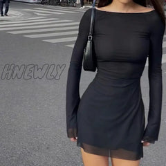 Hnewly Women Elegant Black Mesh Mini Dress Streetwear Chic Sexy Backless Full Sleeve Dresses 90S