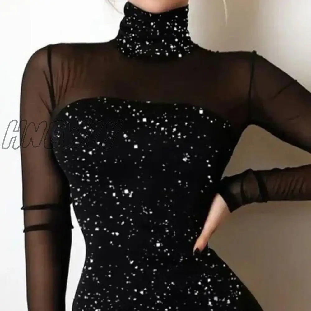 Hnewly Women Elegant Dress New Spring Turtleneck Shiny Silk Club Party Autumn Mesh Long Sleeve