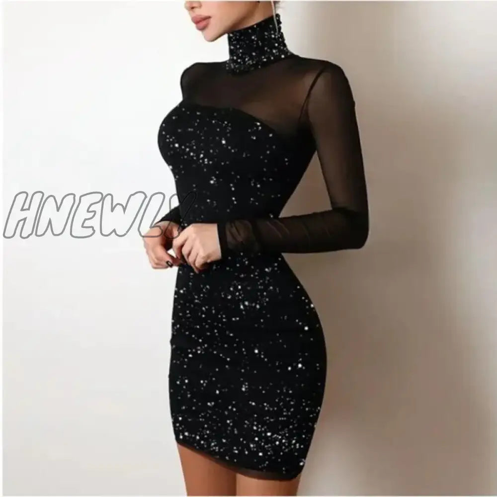 Hnewly Women Elegant Dress New Spring Turtleneck Shiny Silk Club Party Autumn Mesh Long Sleeve