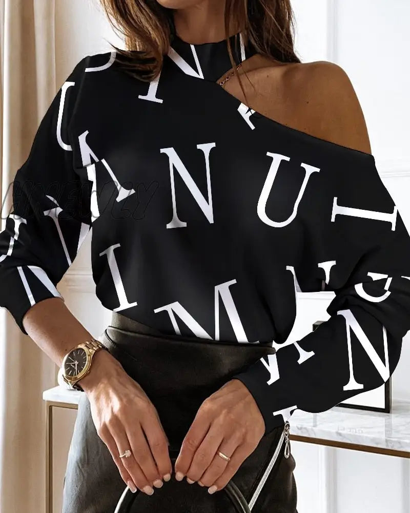 Hnewly Women Elegant Fashion Long Sleeve Blouses Tops Could Shoulder Letter Casual Blouse Spring