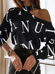 Hnewly Women Elegant Fashion Long Sleeve Blouses Tops Could Shoulder Letter Casual Blouse Spring