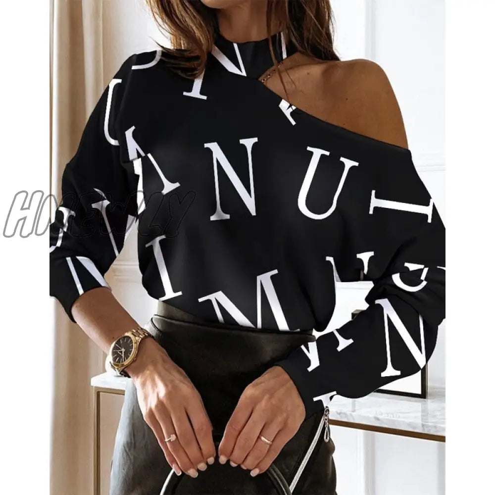 Hnewly Women Elegant Fashion Long Sleeve Blouses Tops Could Shoulder Letter Casual Blouse Spring