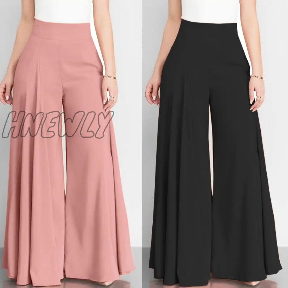 Hnewly Women Elegant High Waist Wide Leg Pants Spring Vintage Flare Trousers Casual Solid Zipper