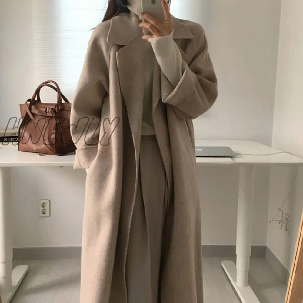 Hnewly Women Elegant Long Wool Coat With Belt Solid Color Sleeve Chic Outerwear Ladies Drop