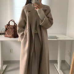 Hnewly Women Elegant Long Wool Coat With Belt Solid Color Sleeve Chic Outerwear Ladies Drop