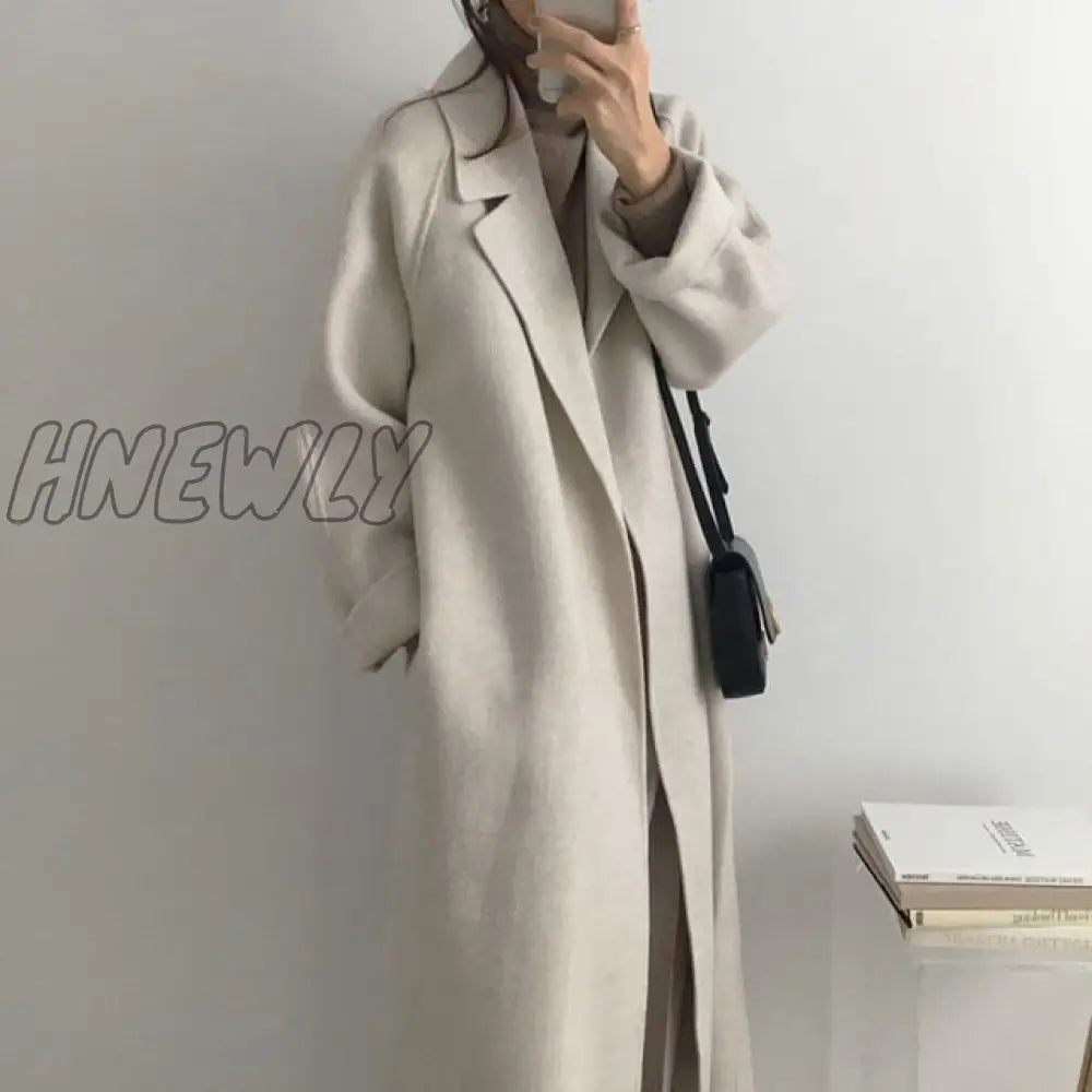 Hnewly Women Elegant Long Wool Coat With Belt Solid Color Sleeve Chic Outerwear Ladies Drop