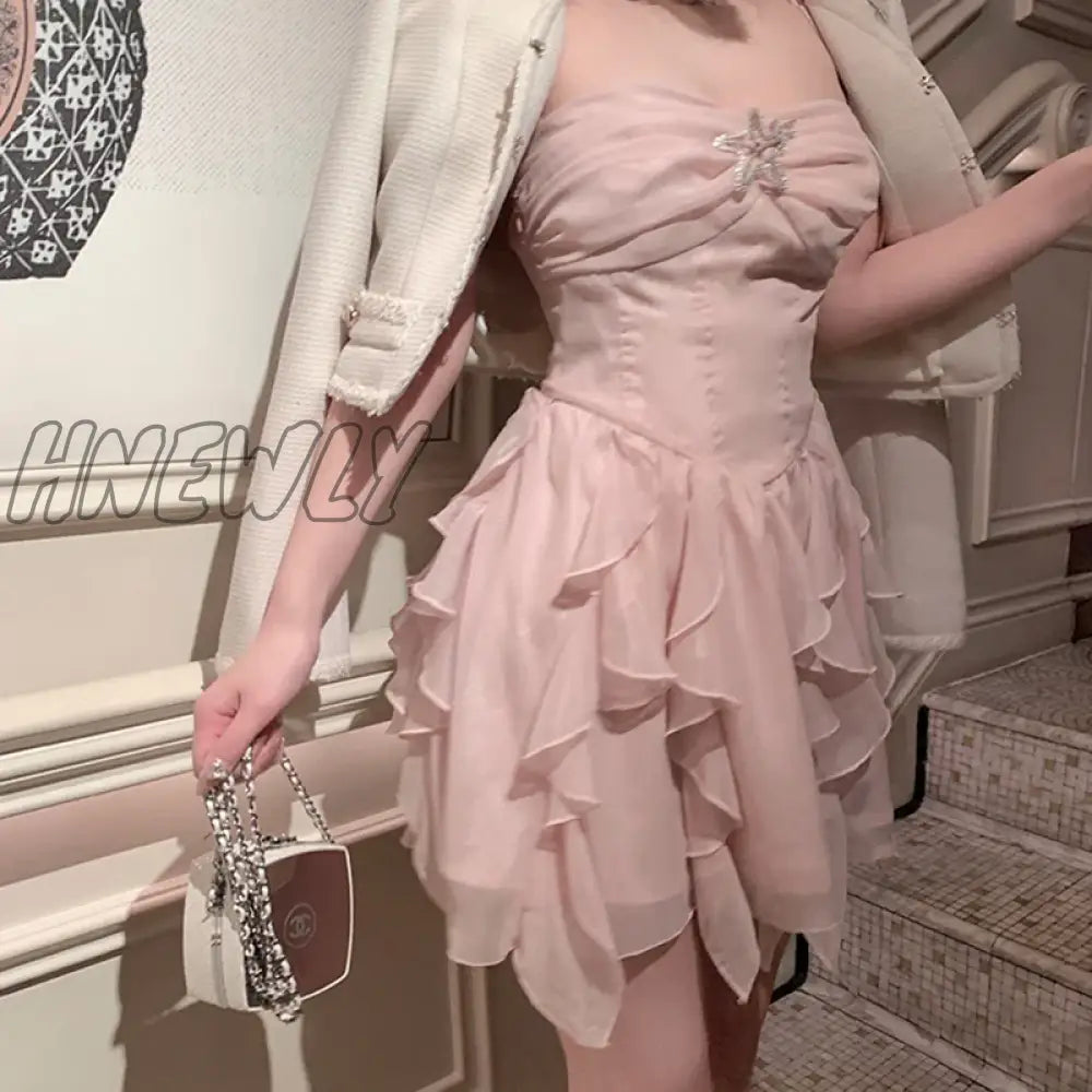 Women Elegant Mini Dress 2023 Y2K Summer French Style Diamond Ruffles Pink Sexy Sweet Dresses