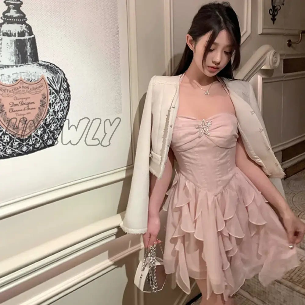 Women Elegant Mini Dress 2023 Y2K Summer French Style Diamond Ruffles Pink Sexy Sweet Dresses