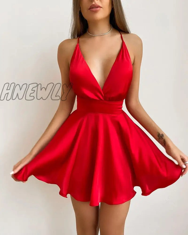 Hnewly Women Elegant Spaghetti Strap V-Neck Cocktail Mini Party Dress Solid Ruched Plunge Pep Hem