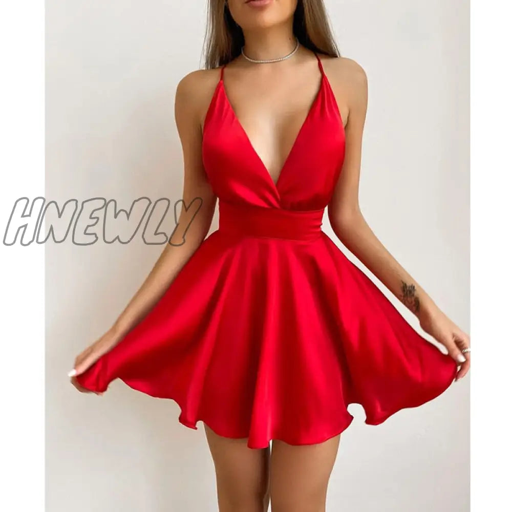 Hnewly Women Elegant Spaghetti Strap V-Neck Cocktail Mini Party Dress Solid Ruched Plunge Pep Hem