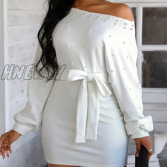 Hnewly Women Elegant White Mini Dress Female Stylish Long Sleeve Party Beaded Embellished Knotted