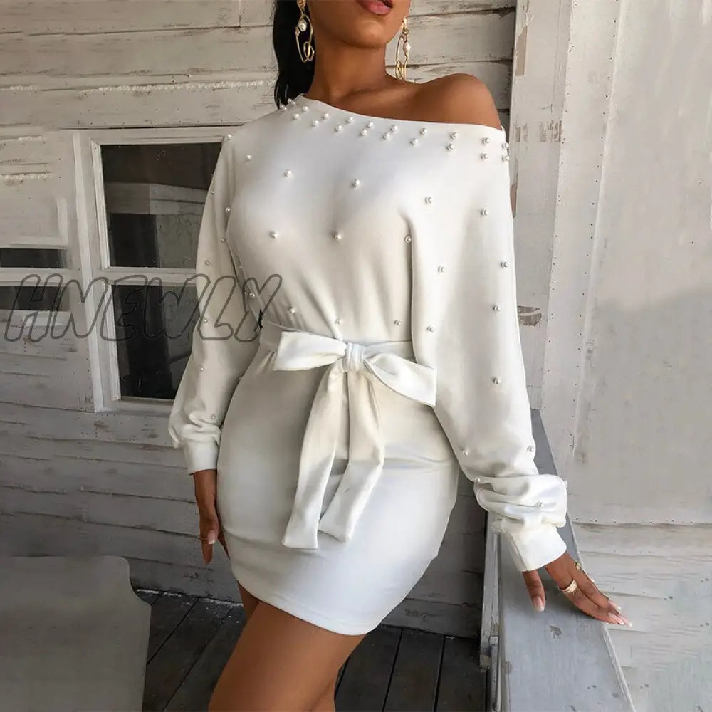 Hnewly Women Elegant White Mini Dress Female Stylish Long Sleeve Party Beaded Embellished Knotted