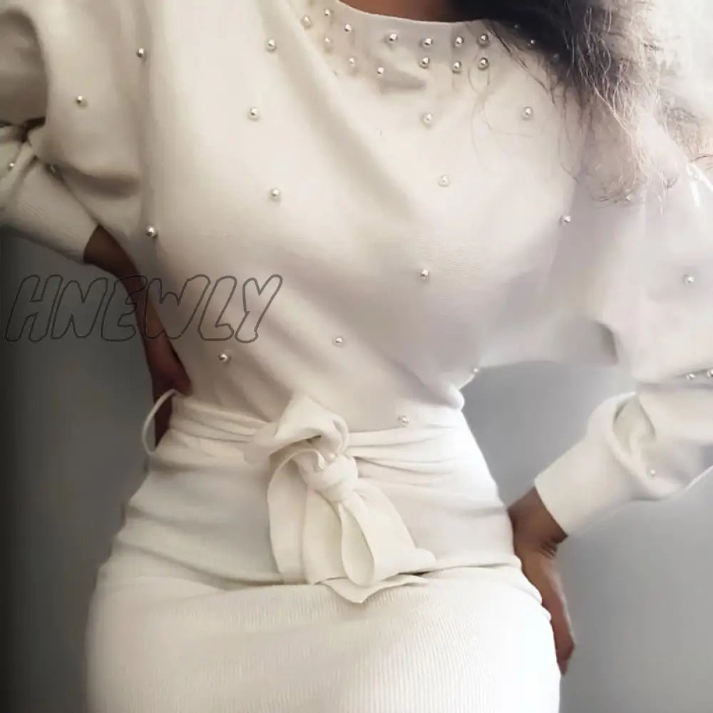 Hnewly Women Elegant White Mini Dress Female Stylish Long Sleeve Party Beaded Embellished Knotted