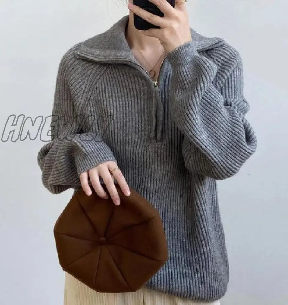 Hnewly Women Fall Sweater Oversized Winter Pullover V Neck Long Sleeve Tops With Half Zip Knitted