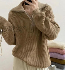 Hnewly Women Fall Sweater Oversized Winter Pullover V Neck Long Sleeve Tops With Half Zip Knitted