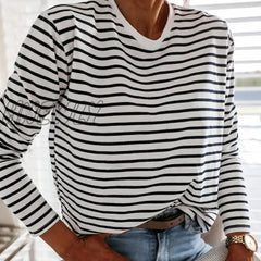 Hnewly Women Fashion Black And White Striped Blouse Shirt Casual Long Sleeve O - Neck Soft Korean