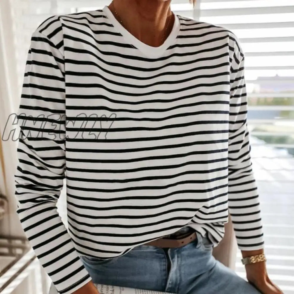 Hnewly Women Fashion Black And White Striped Blouse Shirt Casual Long Sleeve O - Neck Soft Korean