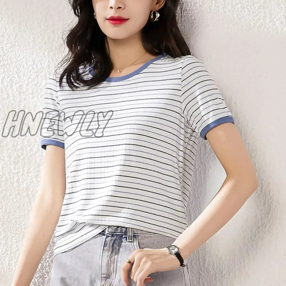 Hnewly Women Fashion Black And White Striped Blouse Shirt Casual Long Sleeve O - Neck Soft Korean