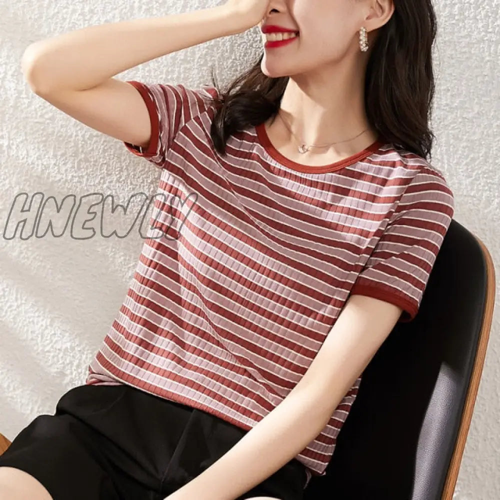 Hnewly Women Fashion Black And White Striped Blouse Shirt Casual Long Sleeve O - Neck Soft Korean