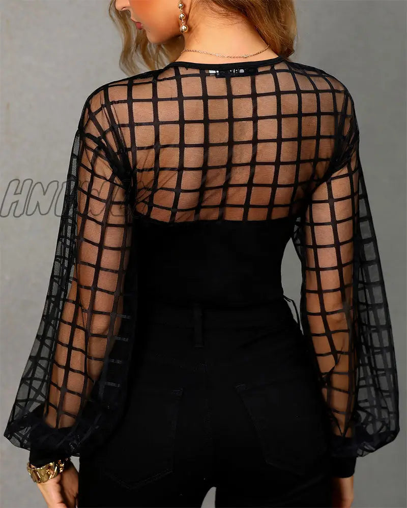 Hnewly Women Fashion Black Patchwork Sheer Shirt Female Long Sleeve Top Oversize Brief Sheer Grid